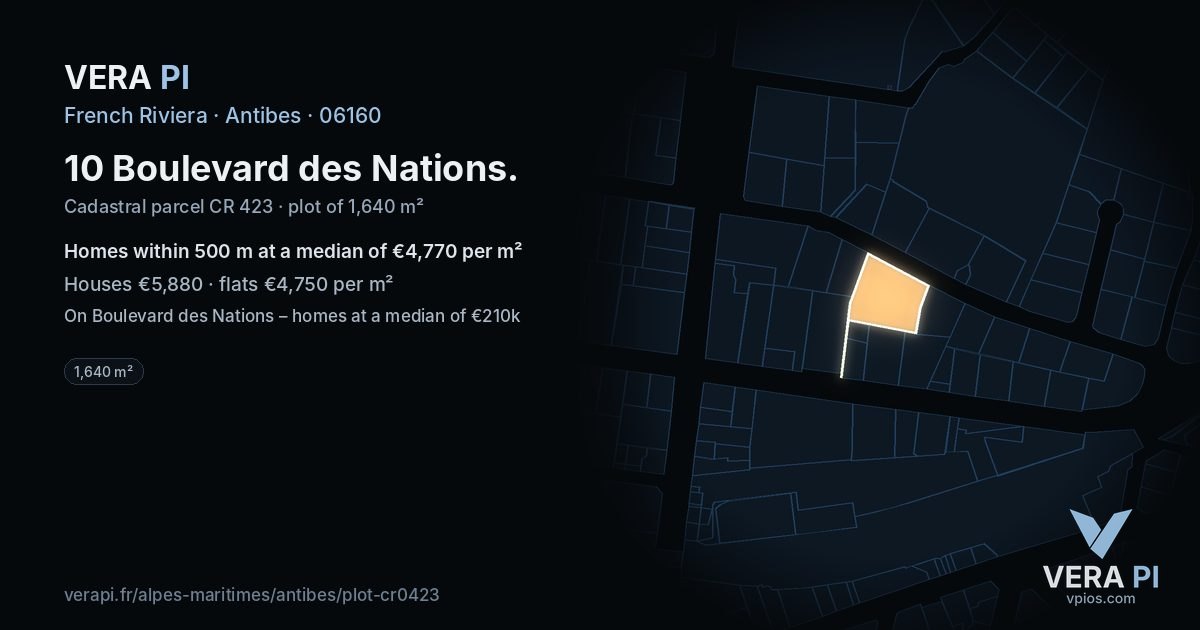 10 Boulevard des Nations, Antibes at night – the plot lit, the parcels around coloured by the prices near them