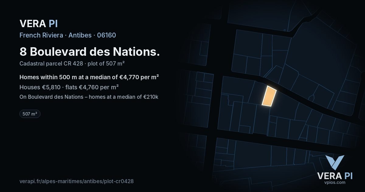 8 Boulevard des Nations, Antibes at night – the plot lit, the parcels around coloured by the prices near them