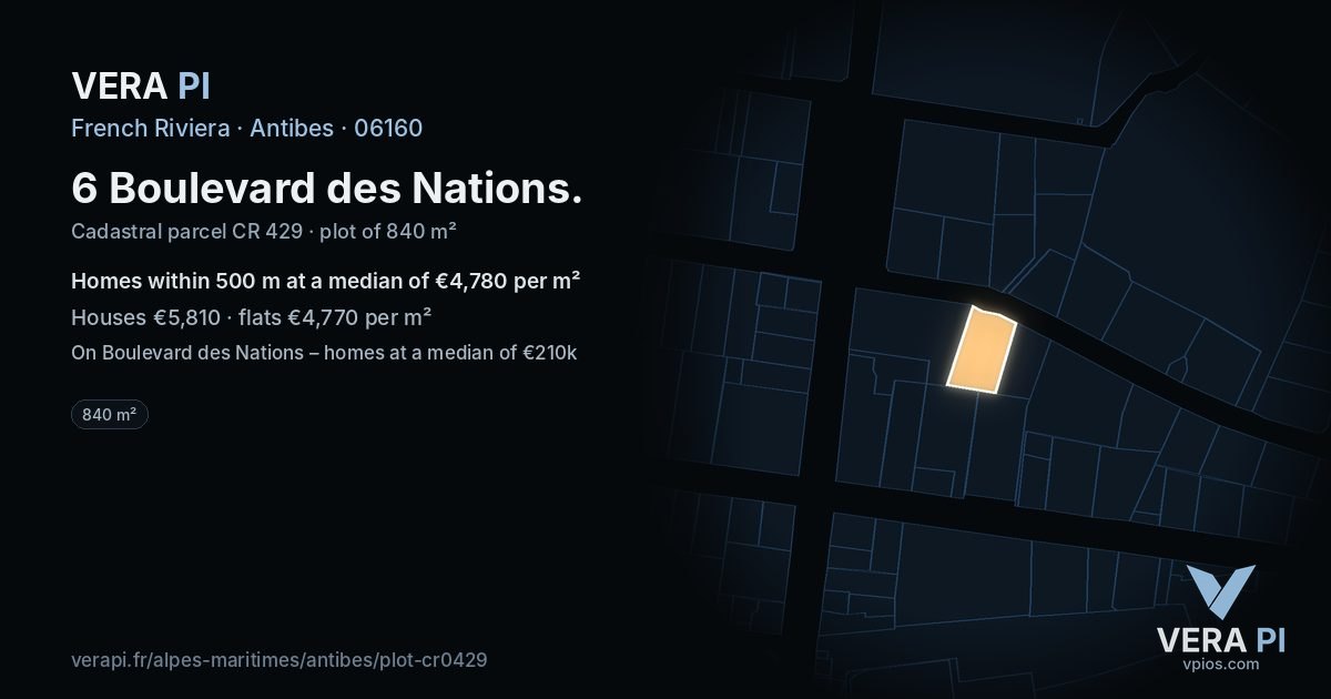 6 Boulevard des Nations, Antibes at night – the plot lit, the parcels around coloured by the prices near them