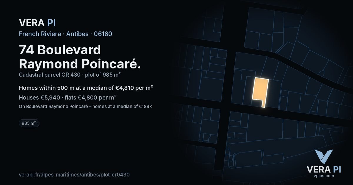 74 Boulevard Raymond Poincaré, Antibes at night – the plot lit, the parcels around coloured by the prices near them