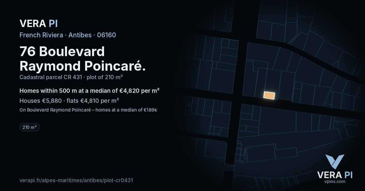 76 Boulevard Raymond Poincaré, Antibes at night – the plot lit, the parcels around coloured by the prices near them