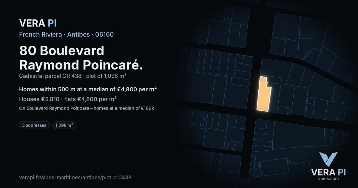 80 Boulevard Raymond Poincaré, Antibes at night – the plot lit, the parcels around coloured by the prices near them
