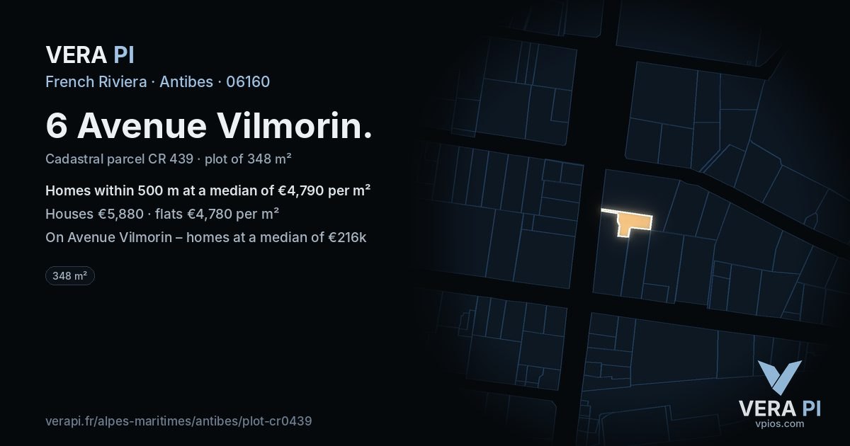 6 Avenue Vilmorin, Antibes at night – the plot lit, the parcels around coloured by the prices near them