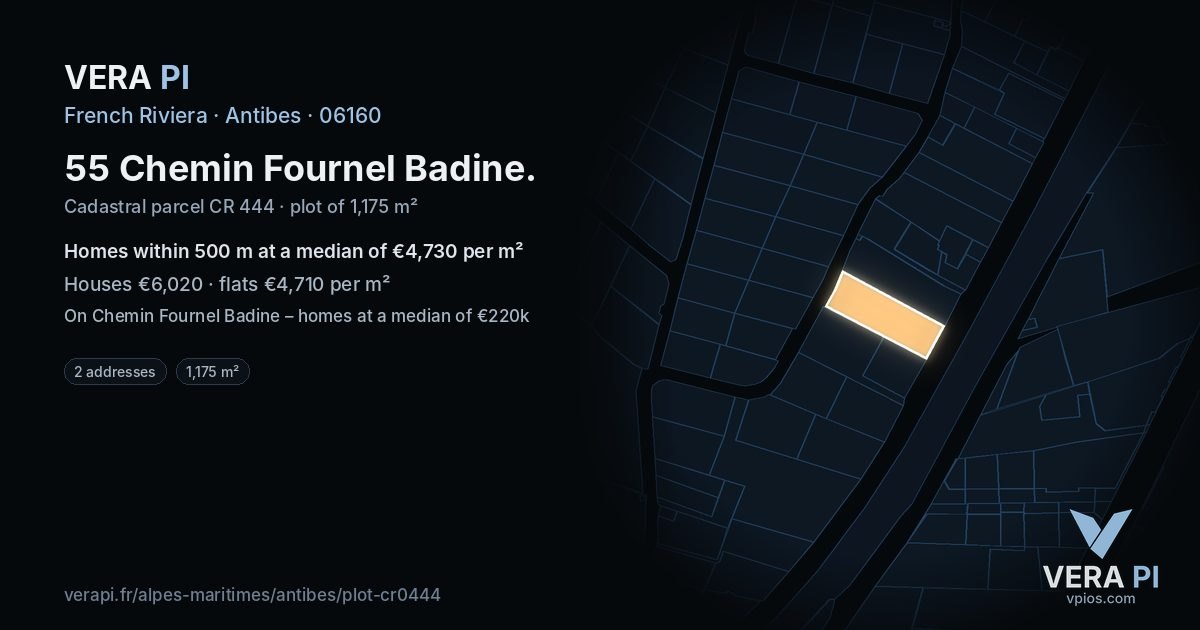 55 Chemin Fournel Badine, Antibes at night – the plot lit, the parcels around coloured by the prices near them