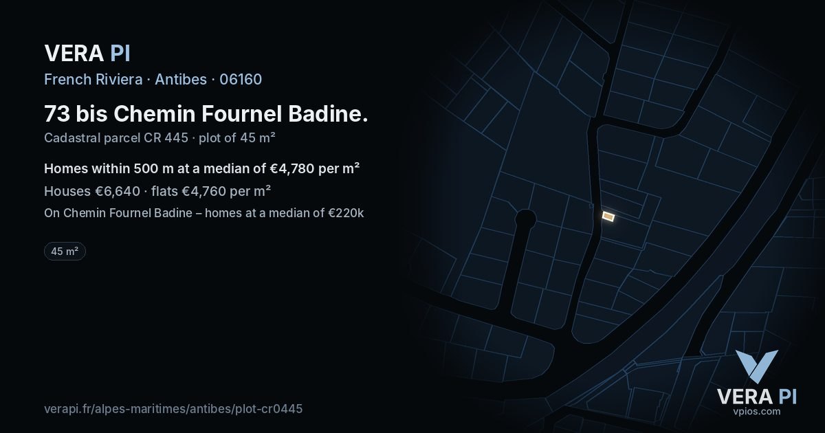 73 bis Chemin Fournel Badine, Antibes at night – the plot lit, the parcels around coloured by the prices near them
