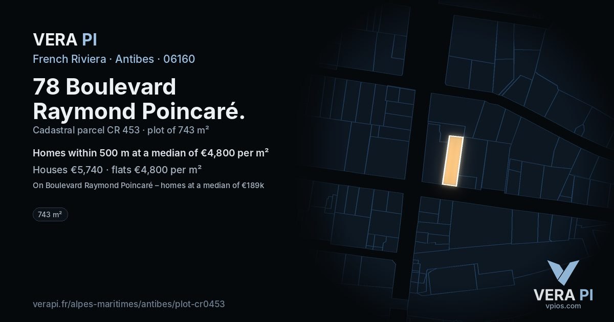 78 Boulevard Raymond Poincaré, Antibes at night – the plot lit, the parcels around coloured by the prices near them
