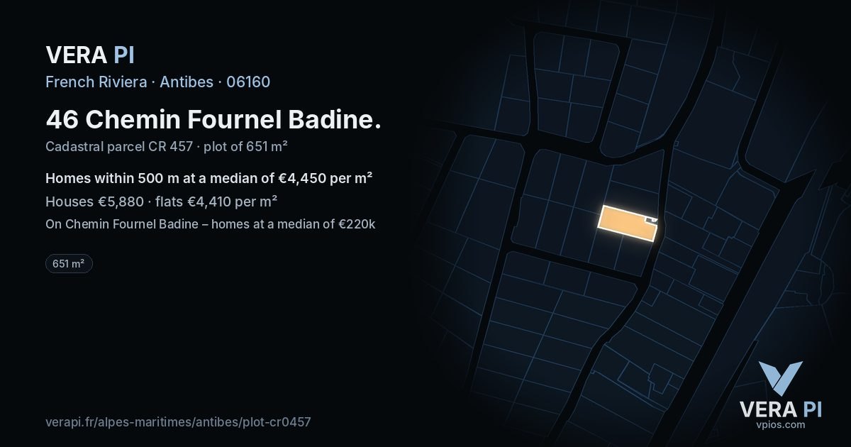 46 Chemin Fournel Badine, Antibes at night – the plot lit, the parcels around coloured by the prices near them