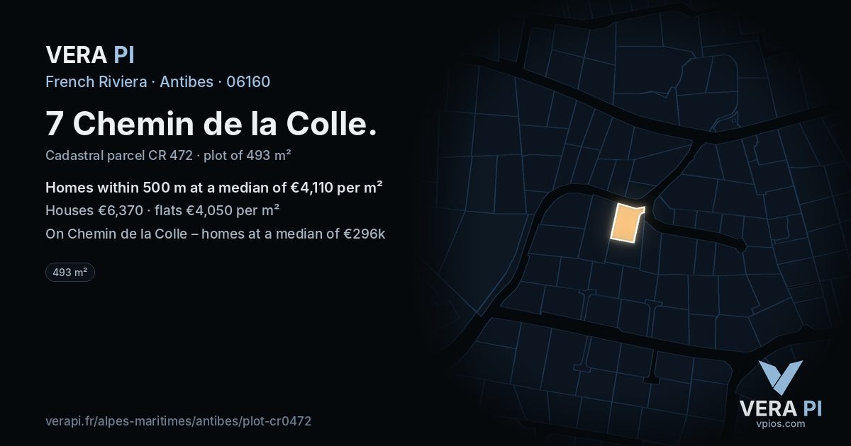 7 Chemin de la Colle, Antibes at night – the plot lit, the parcels around coloured by the prices near them