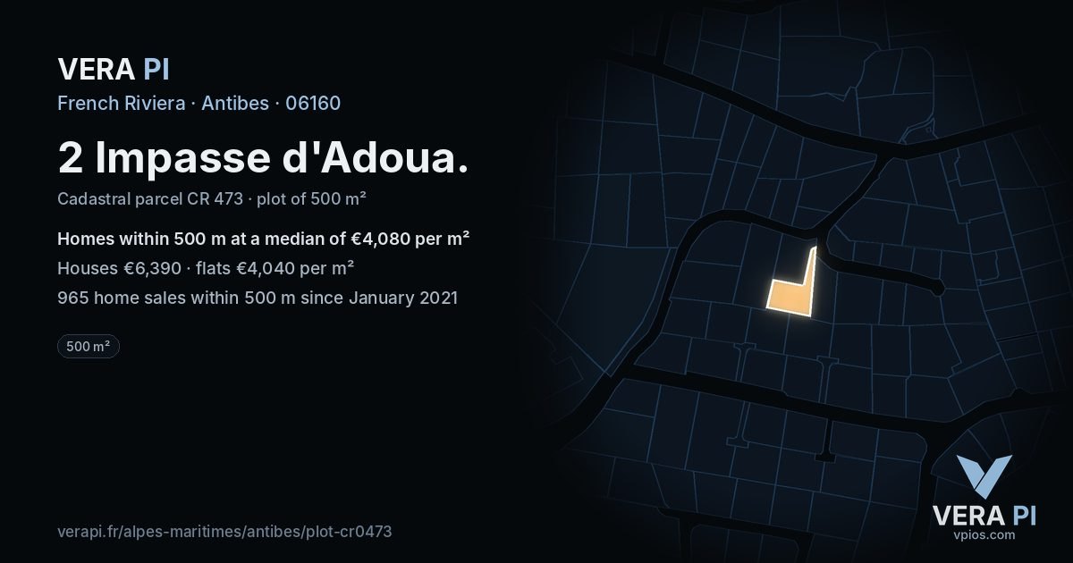 2 Impasse d'Adoua, Antibes at night – the plot lit, the parcels around coloured by the prices near them