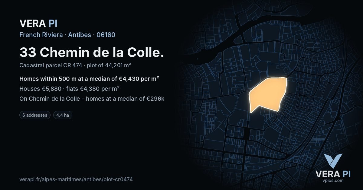 33 Chemin de la Colle, Antibes at night – the plot lit, the parcels around coloured by the prices near them
