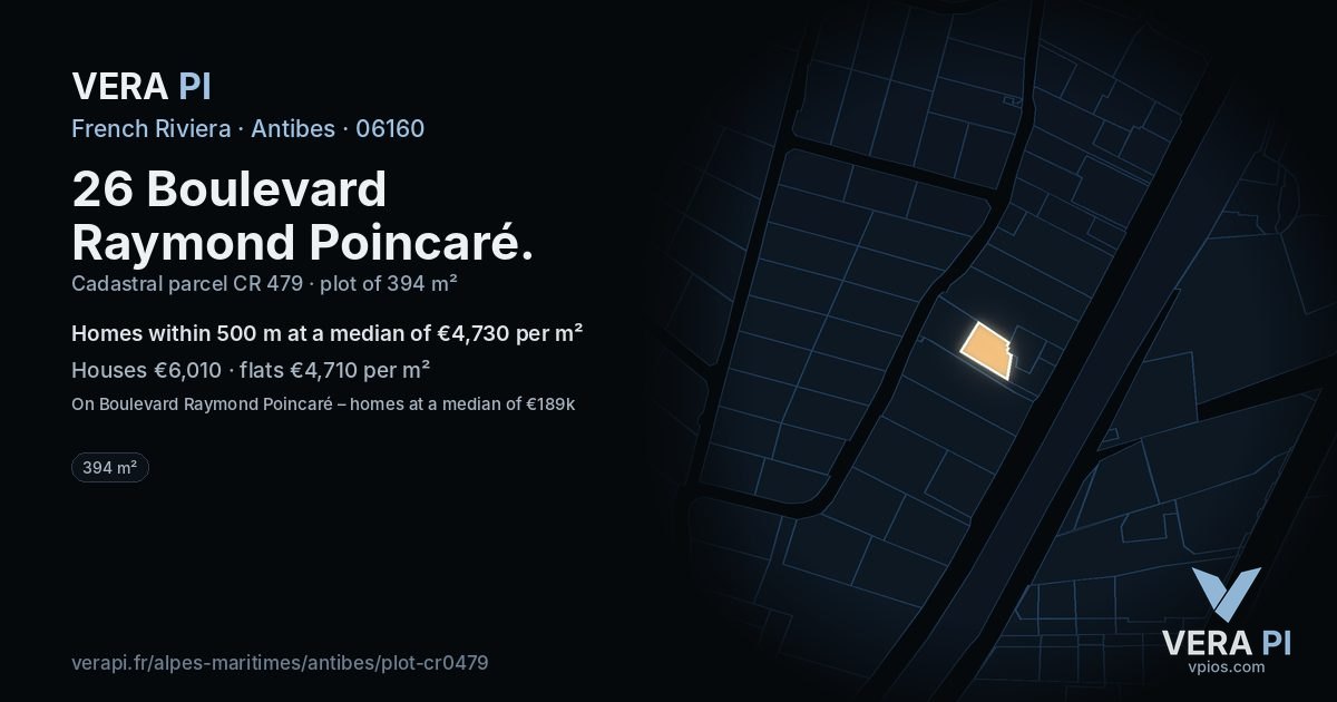 26 Boulevard Raymond Poincaré, Antibes at night – the plot lit, the parcels around coloured by the prices near them