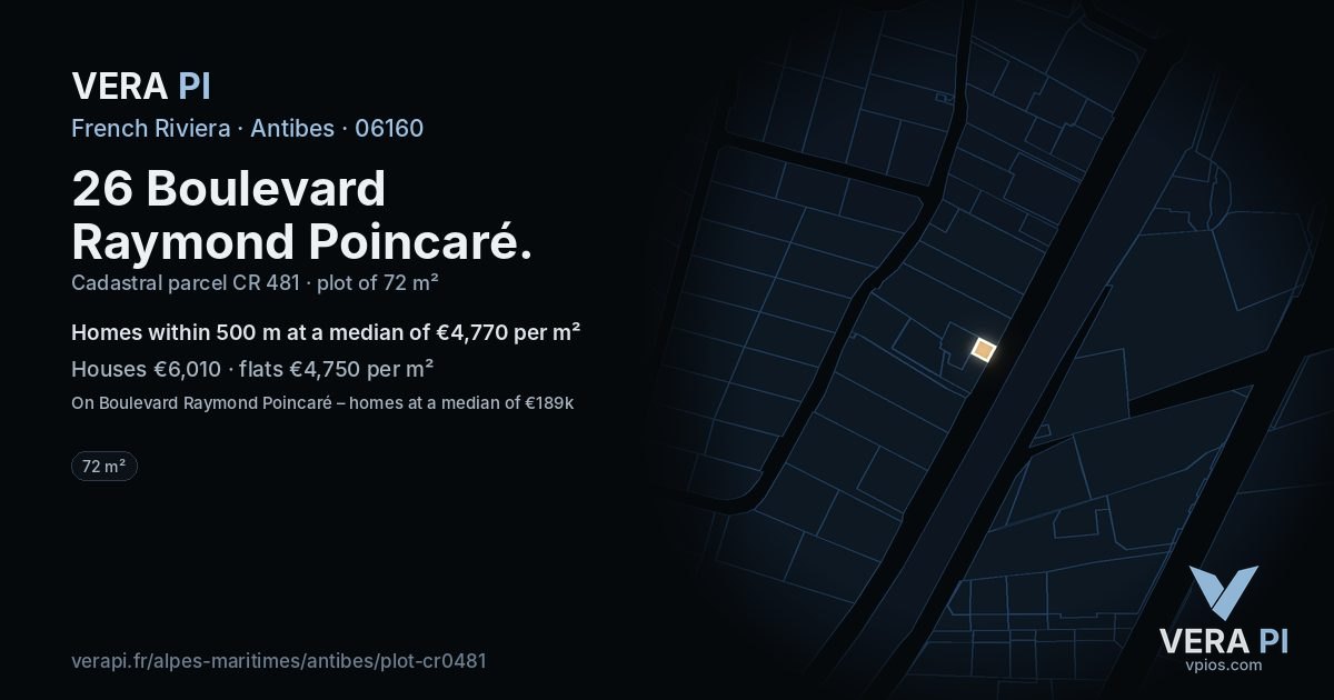 26 Boulevard Raymond Poincaré, Antibes at night – the plot lit, the parcels around coloured by the prices near them