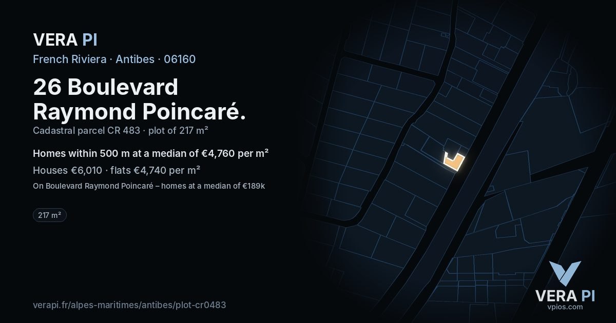 26 Boulevard Raymond Poincaré, Antibes at night – the plot lit, the parcels around coloured by the prices near them