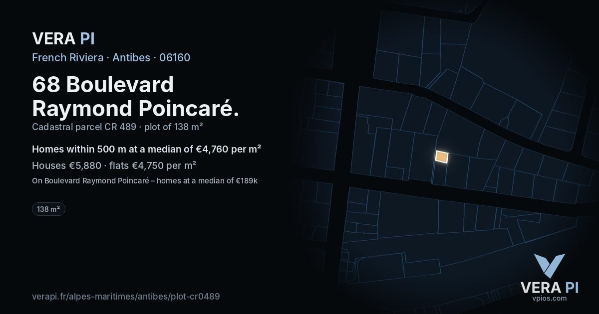 68 Boulevard Raymond Poincaré, Antibes at night – the plot lit, the parcels around coloured by the prices near them