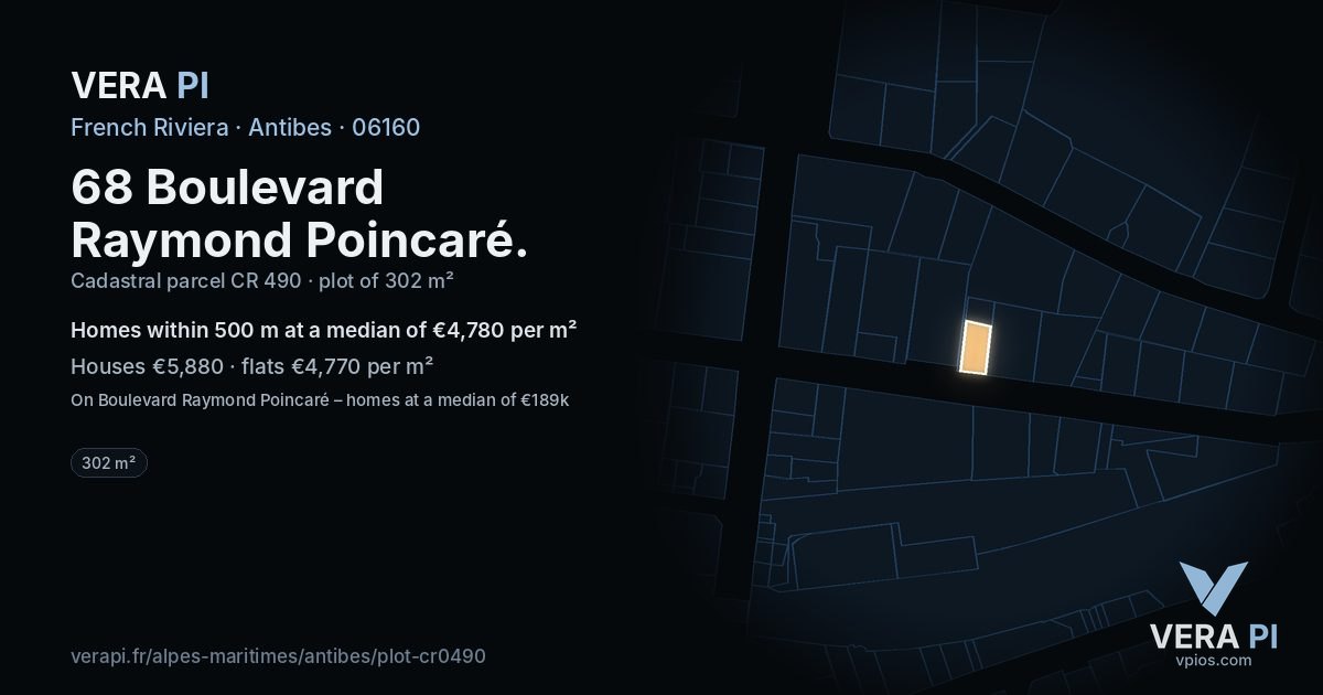 68 Boulevard Raymond Poincaré, Antibes at night – the plot lit, the parcels around coloured by the prices near them