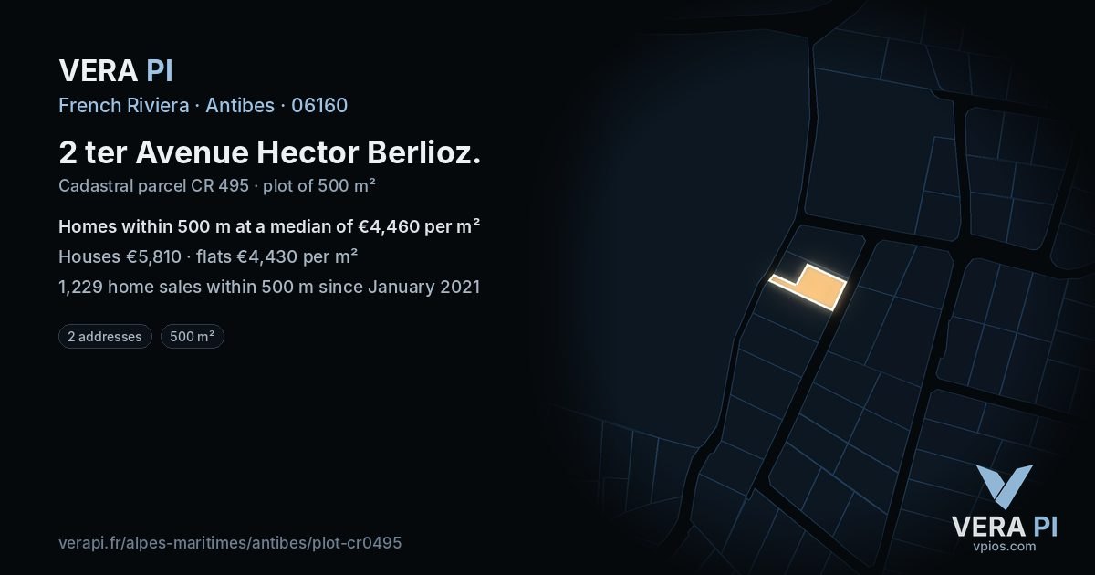 2 ter Avenue Hector Berlioz, Antibes at night – the plot lit, the parcels around coloured by the prices near them