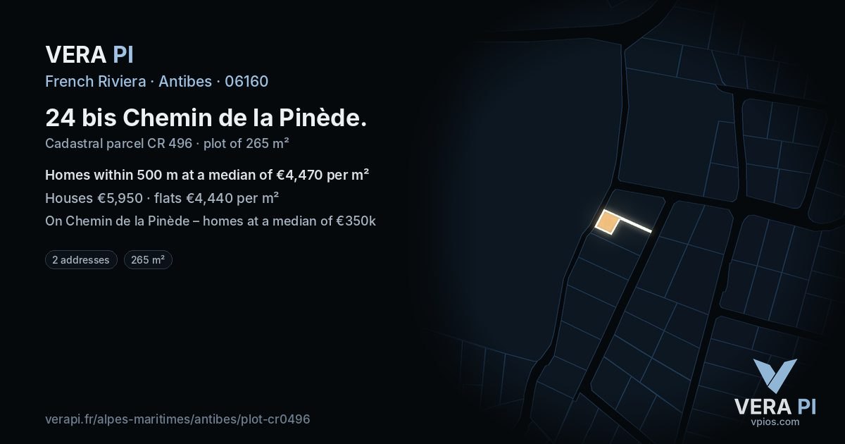 24 bis Chemin de la Pinède, Antibes at night – the plot lit, the parcels around coloured by the prices near them