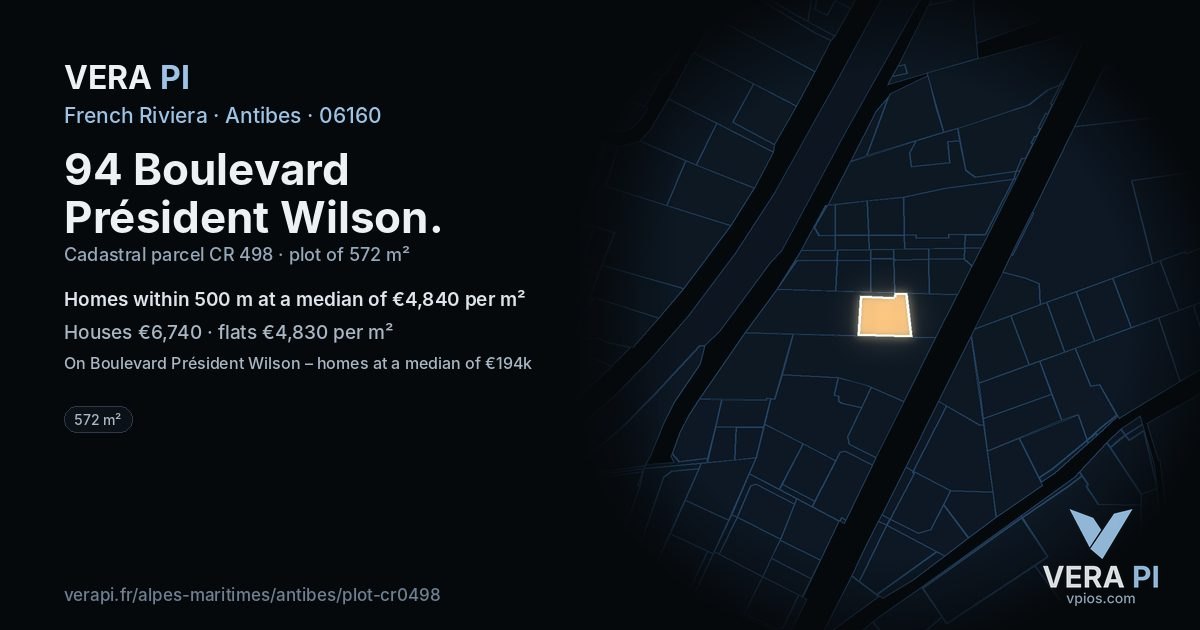 94 Boulevard Président Wilson, Antibes at night – the plot lit, the parcels around coloured by the prices near them