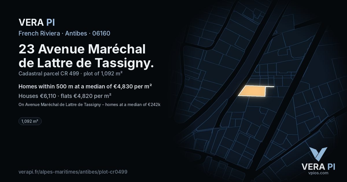 23 Avenue Maréchal de Lattre de Tassigny, Antibes at night – the plot lit, the parcels around coloured by the prices near them