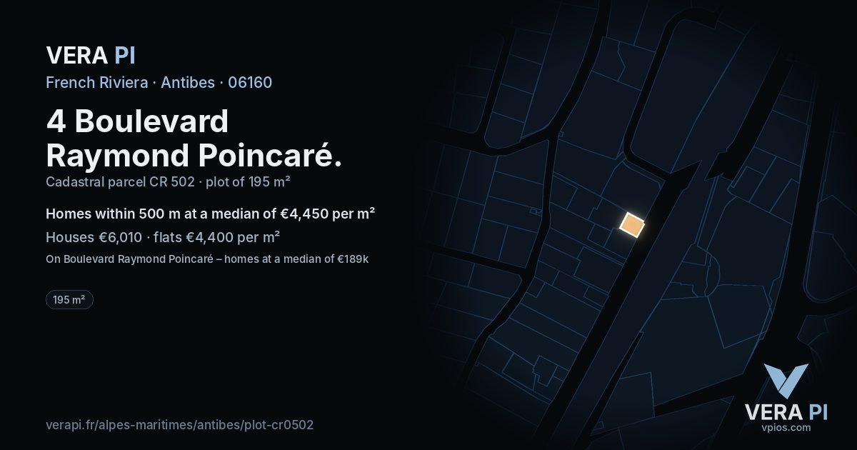 4 Boulevard Raymond Poincaré, Antibes at night – the plot lit, the parcels around coloured by the prices near them
