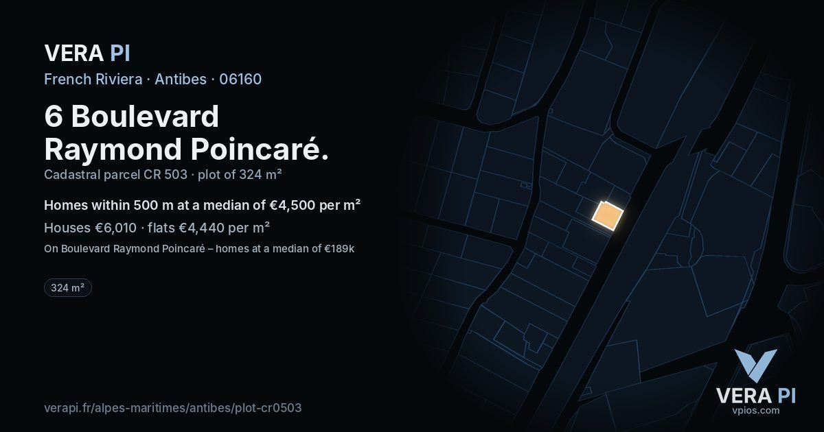 6 Boulevard Raymond Poincaré, Antibes at night – the plot lit, the parcels around coloured by the prices near them