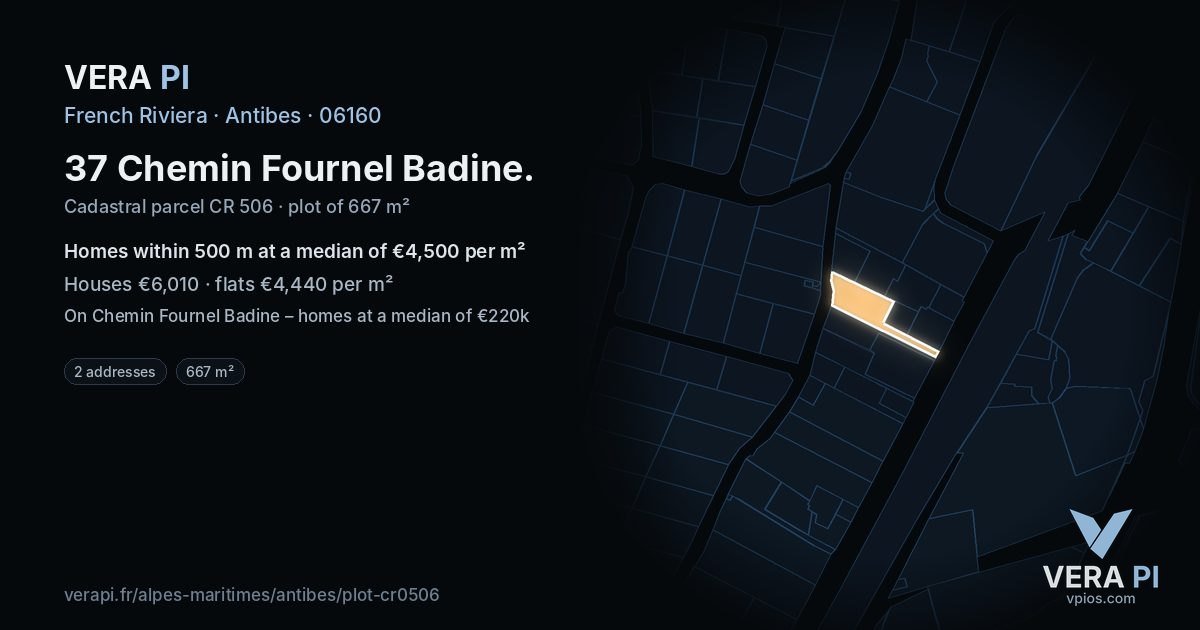 37 Chemin Fournel Badine, Antibes at night – the plot lit, the parcels around coloured by the prices near them