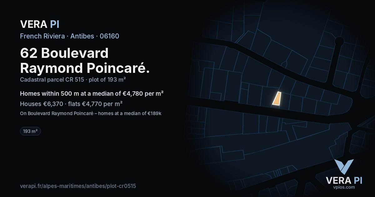 62 Boulevard Raymond Poincaré, Antibes at night – the plot lit, the parcels around coloured by the prices near them