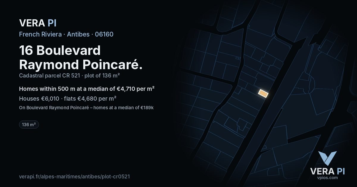 16 Boulevard Raymond Poincaré, Antibes at night – the plot lit, the parcels around coloured by the prices near them