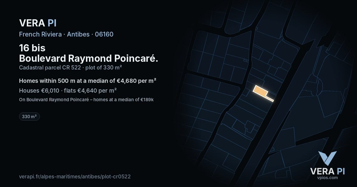 16 bis Boulevard Raymond Poincaré, Antibes at night – the plot lit, the parcels around coloured by the prices near them