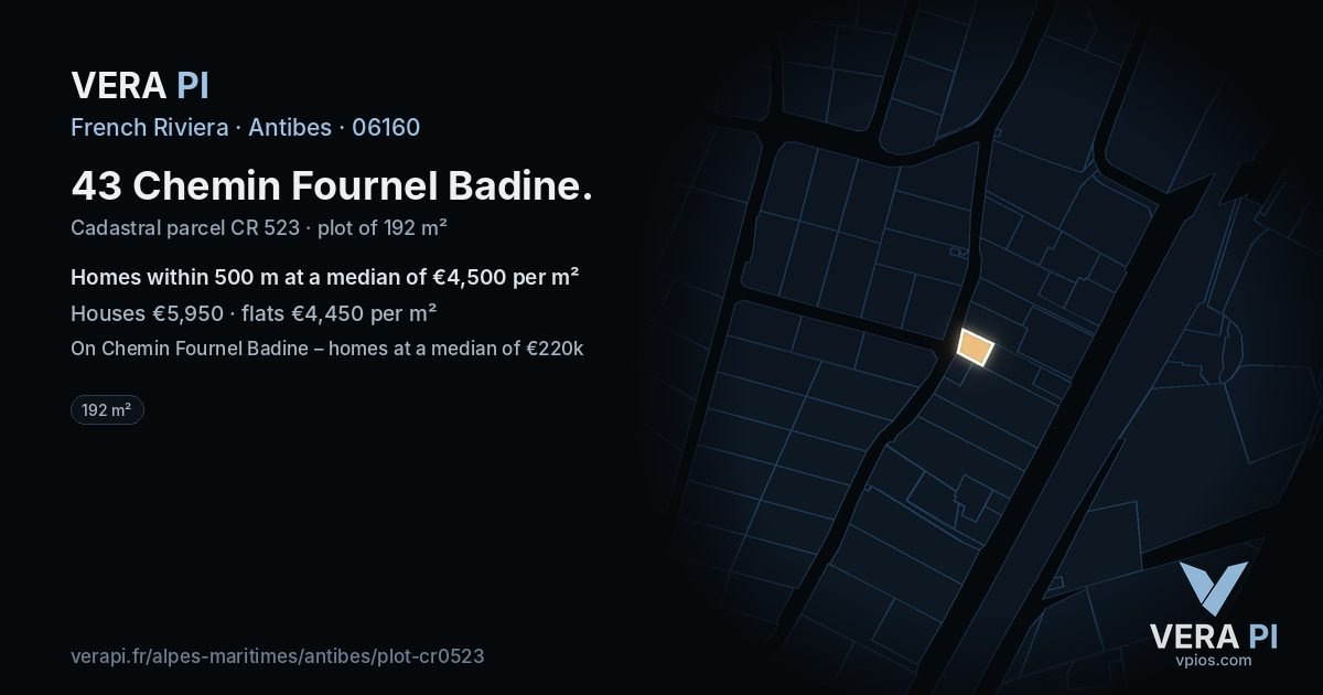 43 Chemin Fournel Badine, Antibes at night – the plot lit, the parcels around coloured by the prices near them