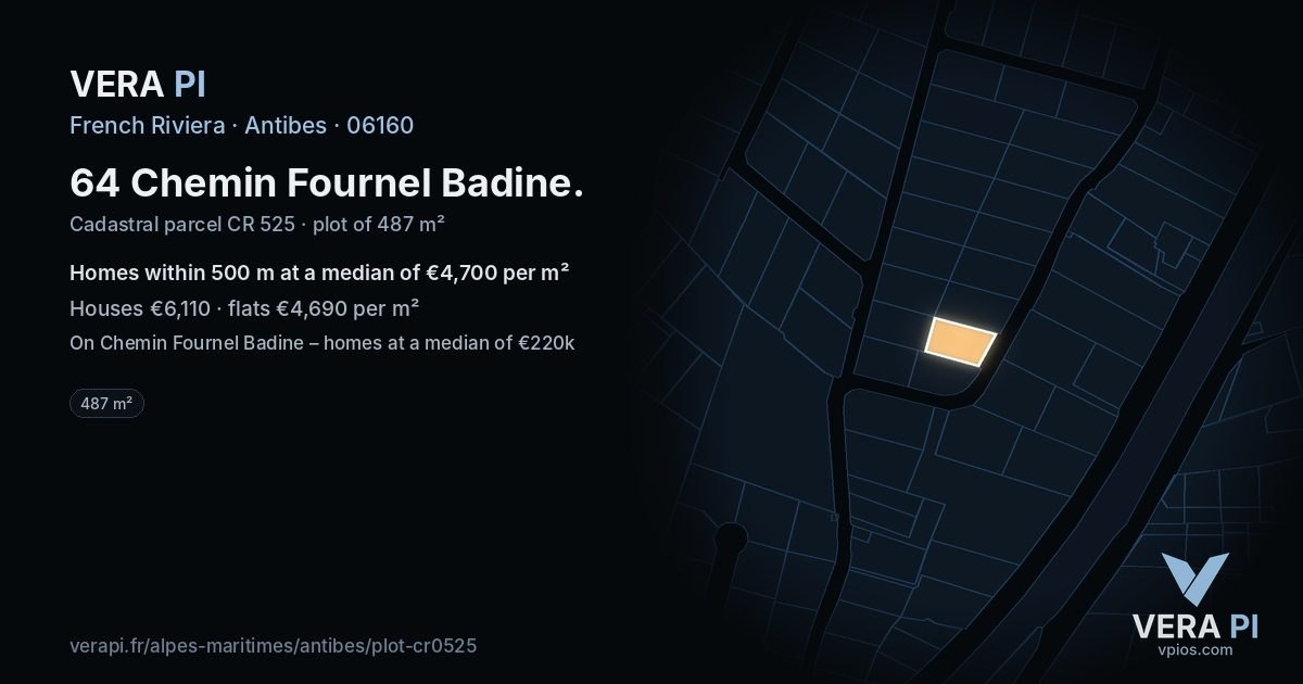 64 Chemin Fournel Badine, Antibes at night – the plot lit, the parcels around coloured by the prices near them