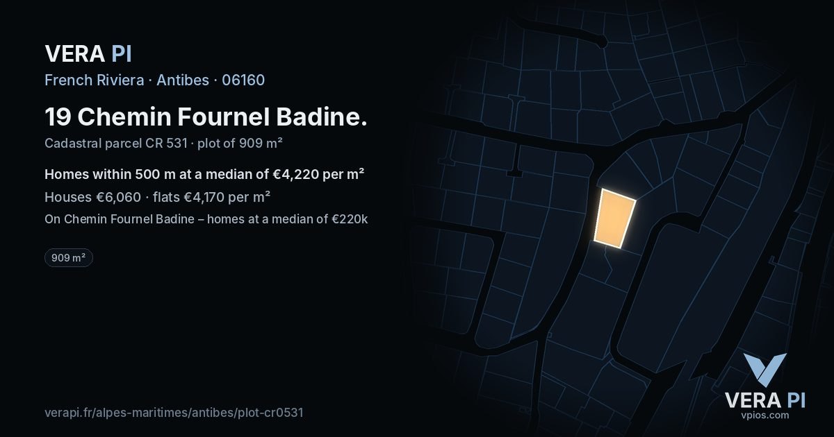 19 Chemin Fournel Badine, Antibes at night – the plot lit, the parcels around coloured by the prices near them