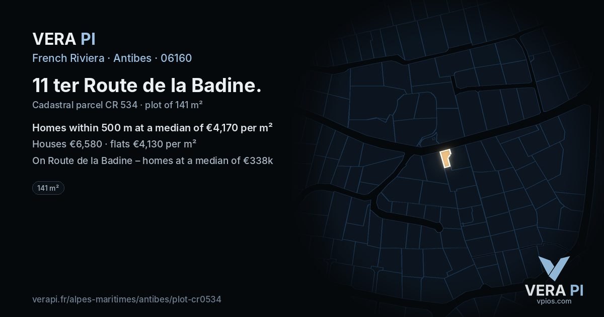 11 ter Route de la Badine, Antibes at night – the plot lit, the parcels around coloured by the prices near them