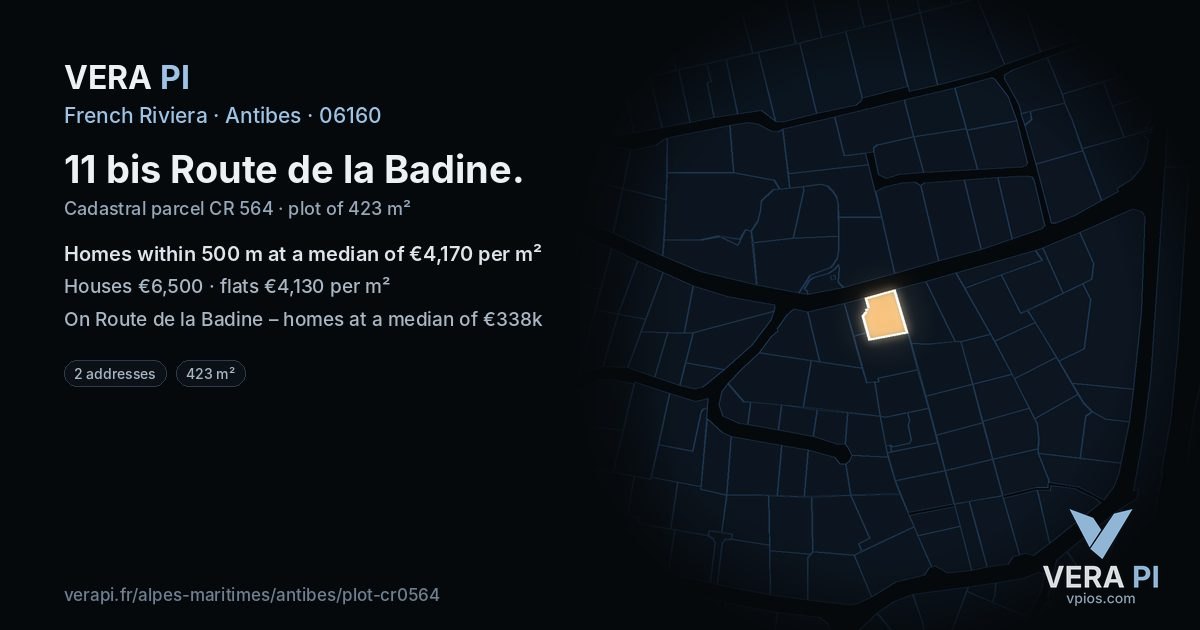 11 bis Route de la Badine, Antibes at night – the plot lit, the parcels around coloured by the prices near them