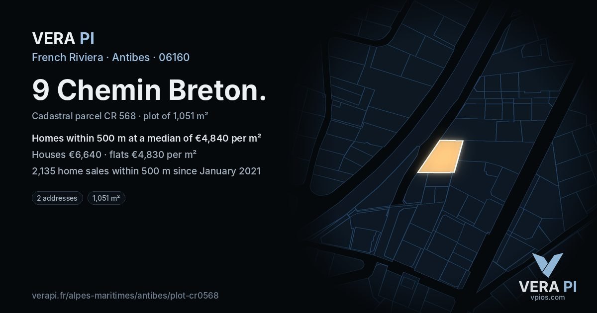 9 Chemin Breton, Antibes at night – the plot lit, the parcels around coloured by the prices near them