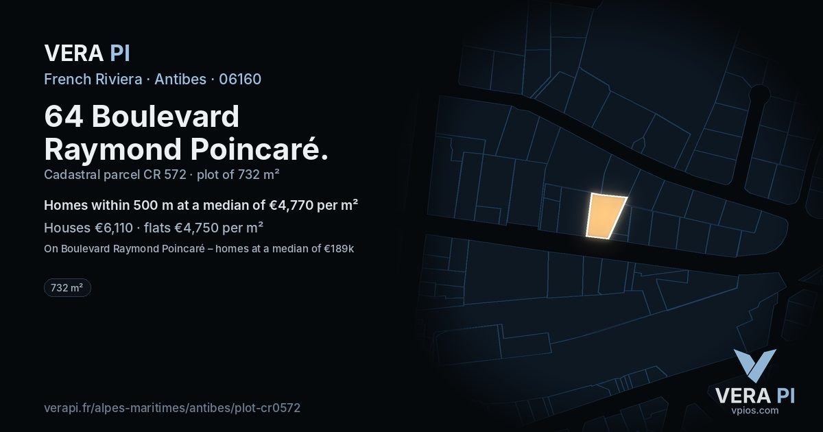 64 Boulevard Raymond Poincaré, Antibes at night – the plot lit, the parcels around coloured by the prices near them
