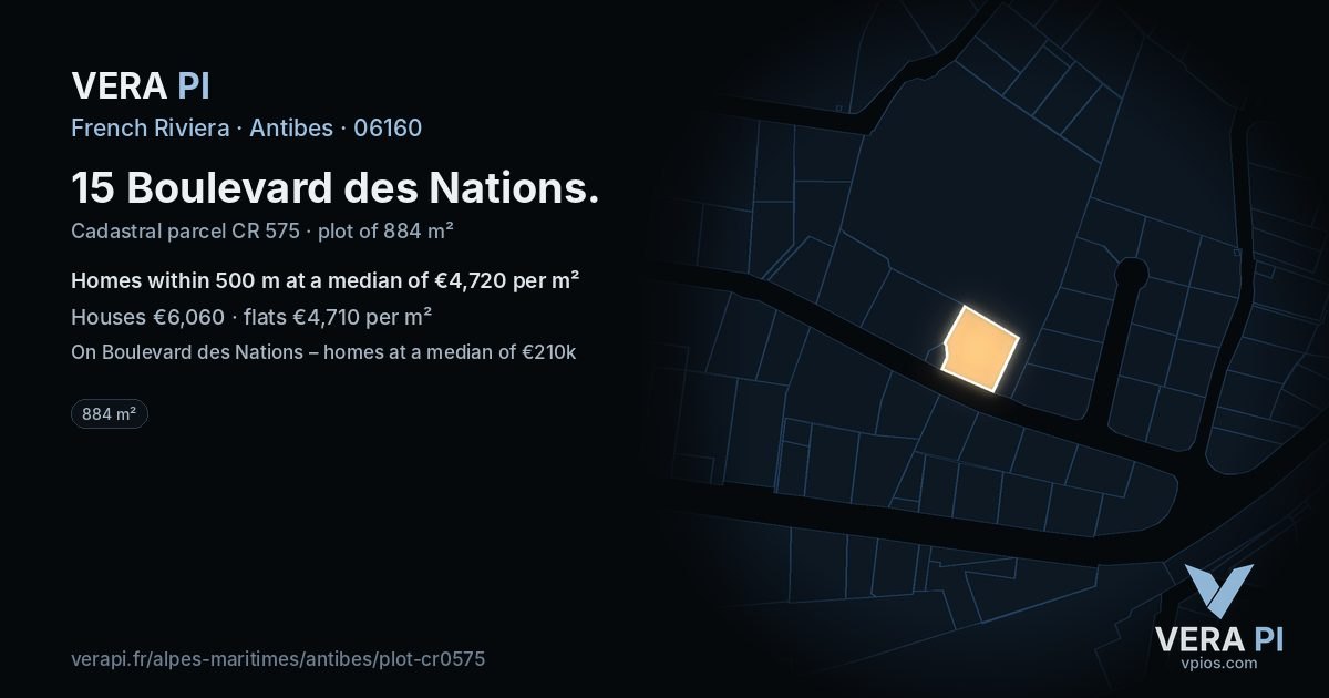 15 Boulevard des Nations, Antibes at night – the plot lit, the parcels around coloured by the prices near them