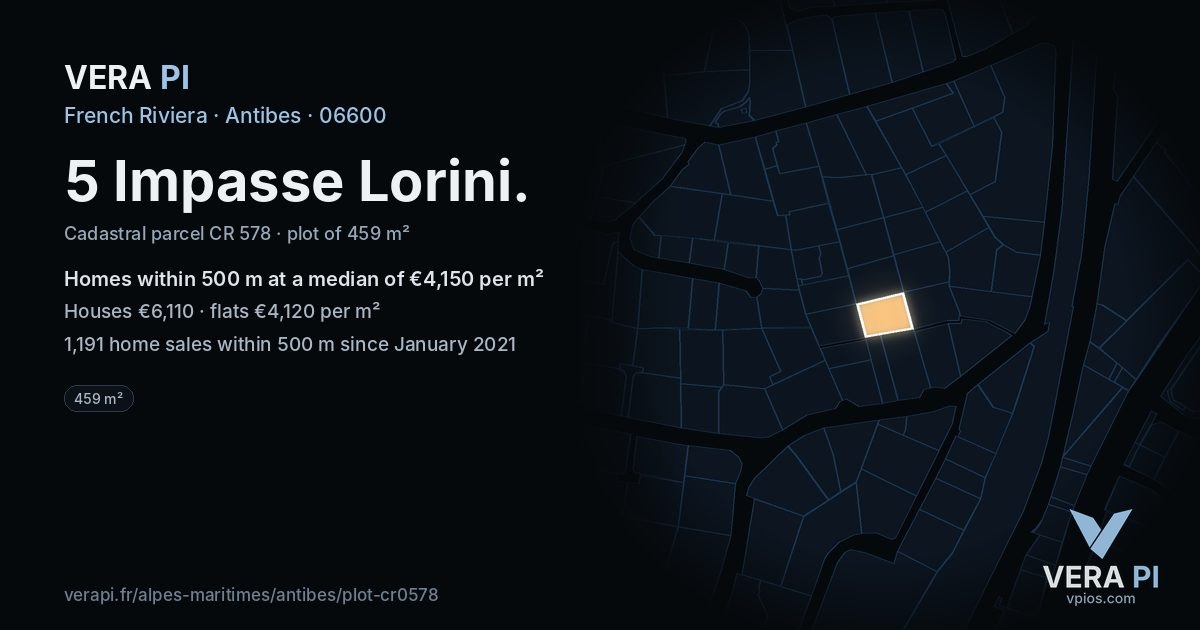 5 Impasse Lorini, Antibes at night – the plot lit, the parcels around coloured by the prices near them