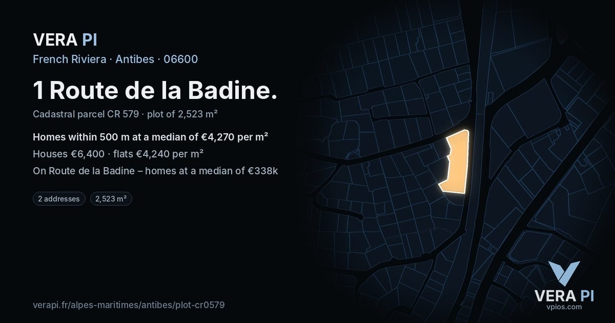 1 Route de la Badine, Antibes at night – the plot lit, the parcels around coloured by the prices near them