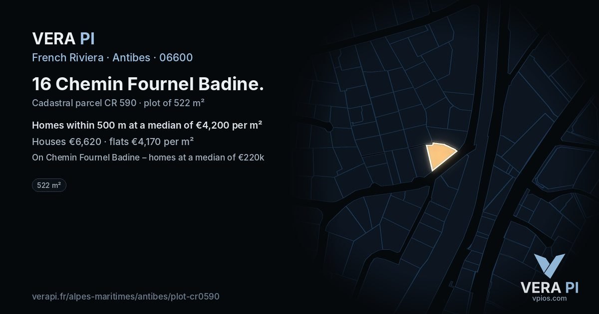 16 Chemin Fournel Badine, Antibes at night – the plot lit, the parcels around coloured by the prices near them