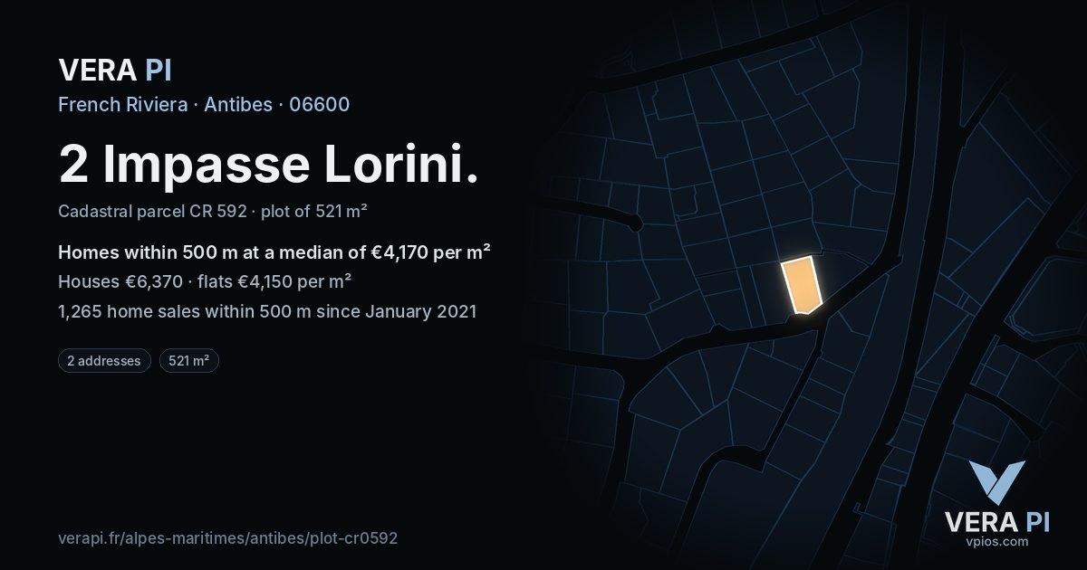 2 Impasse Lorini, Antibes at night – the plot lit, the parcels around coloured by the prices near them