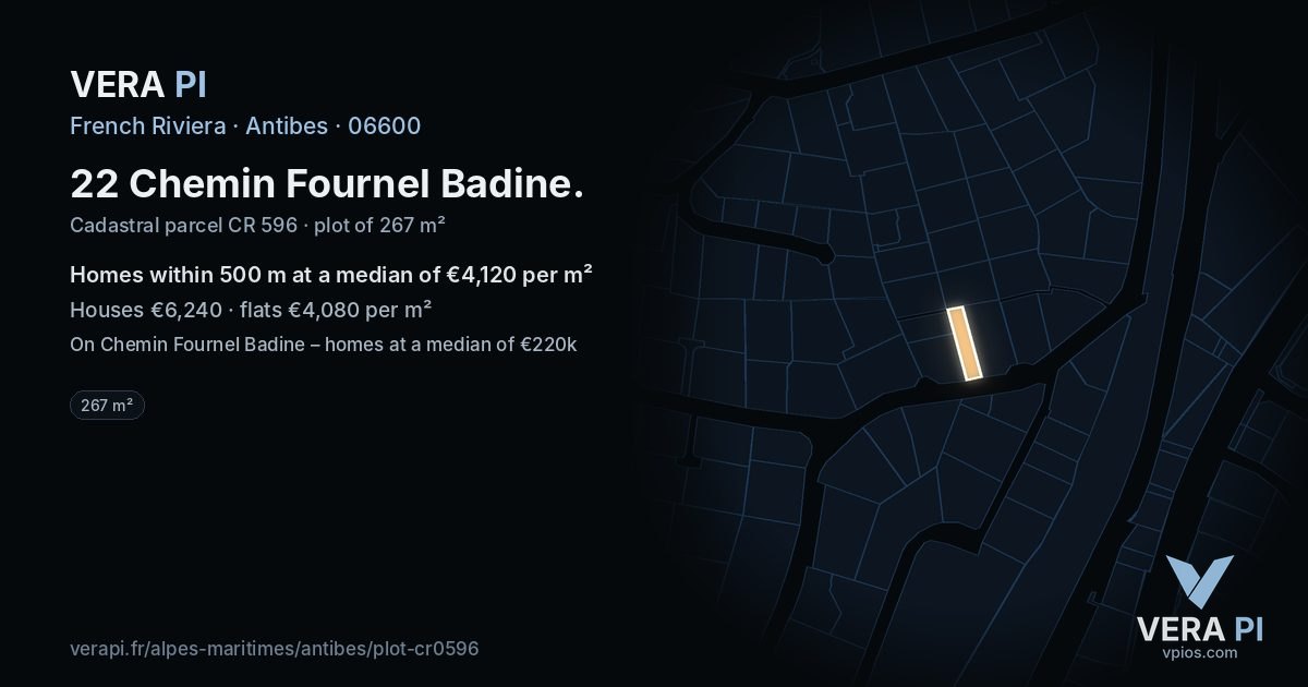 22 Chemin Fournel Badine, Antibes at night – the plot lit, the parcels around coloured by the prices near them