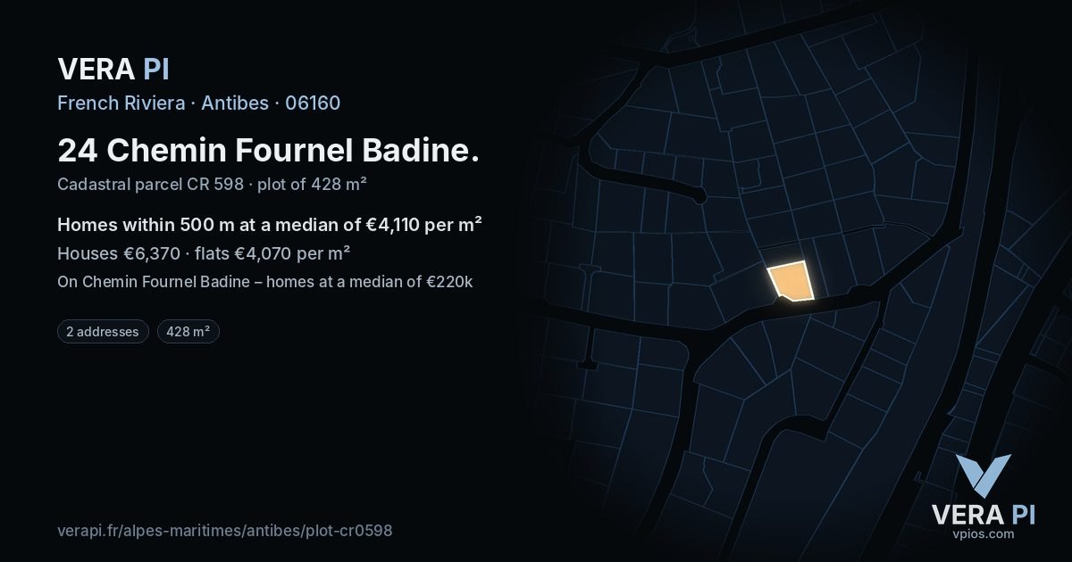 24 Chemin Fournel Badine, Antibes at night – the plot lit, the parcels around coloured by the prices near them