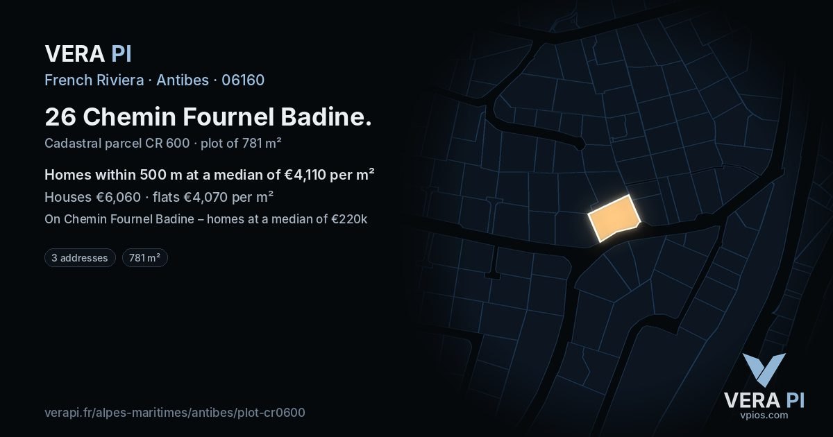 26 Chemin Fournel Badine, Antibes at night – the plot lit, the parcels around coloured by the prices near them