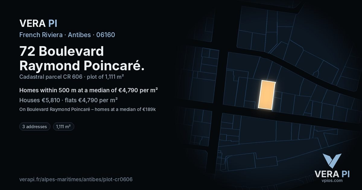 72 Boulevard Raymond Poincaré, Antibes at night – the plot lit, the parcels around coloured by the prices near them