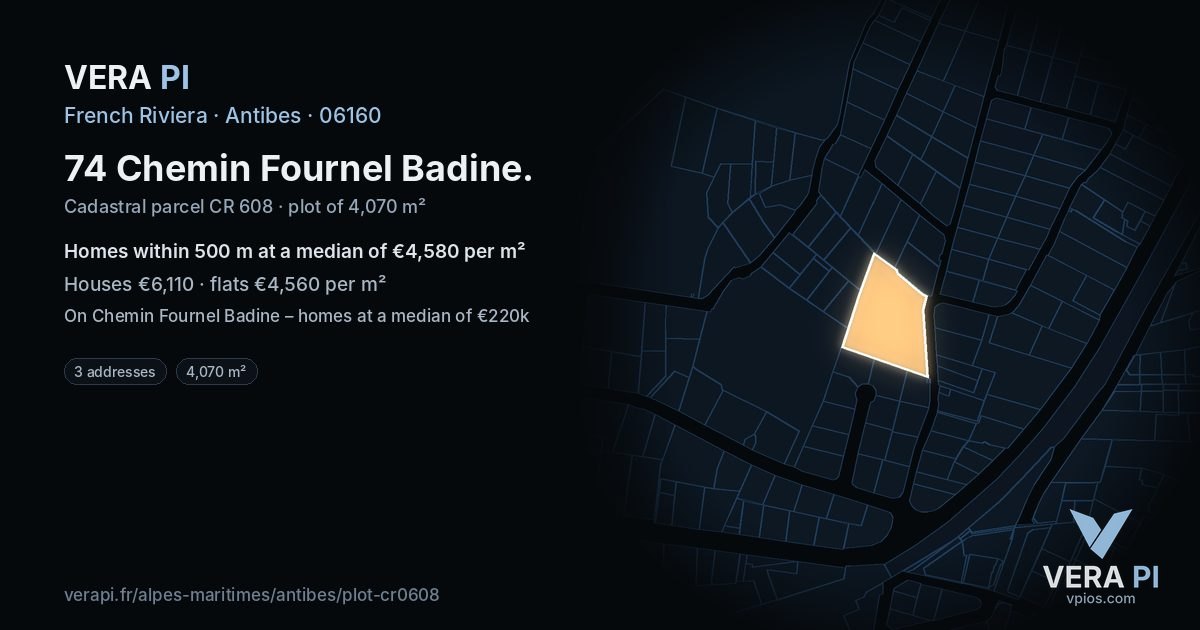 74 Chemin Fournel Badine, Antibes at night – the plot lit, the parcels around coloured by the prices near them