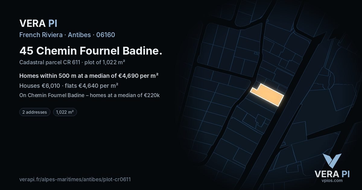 45 Chemin Fournel Badine, Antibes at night – the plot lit, the parcels around coloured by the prices near them
