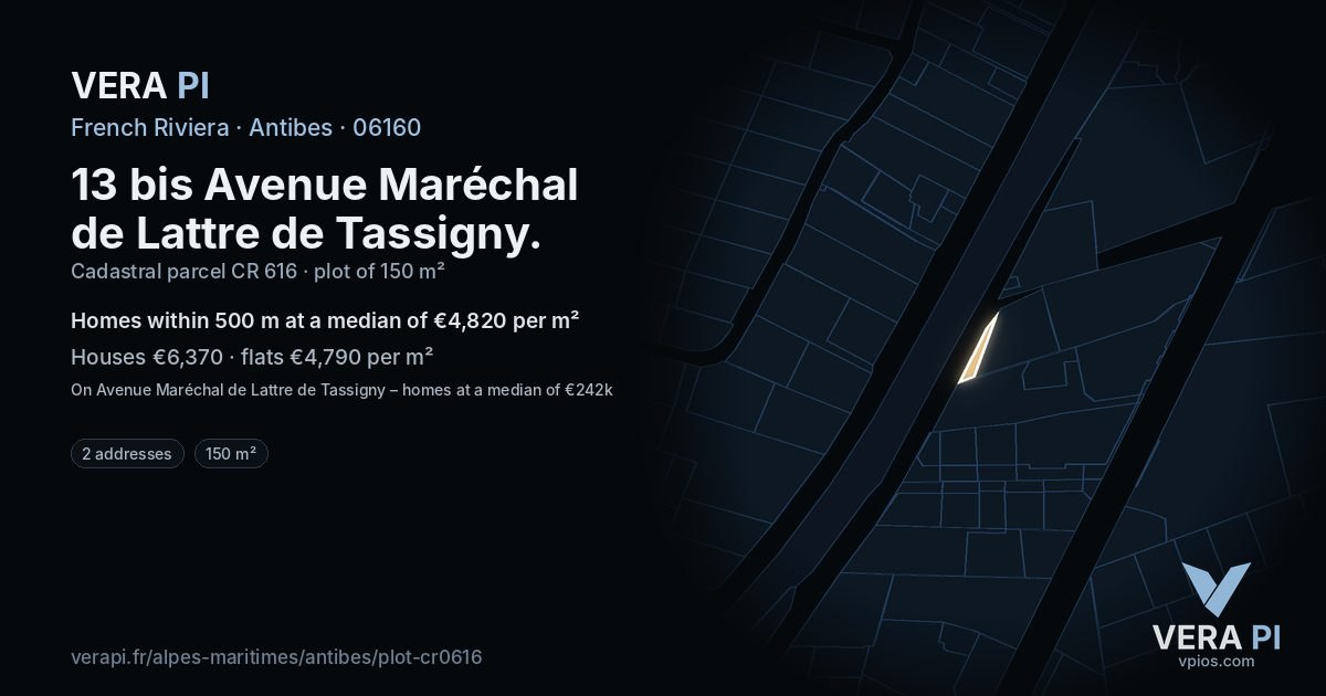 13 bis Avenue Maréchal de Lattre de Tassigny, Antibes at night – the plot lit, the parcels around coloured by the prices near them
