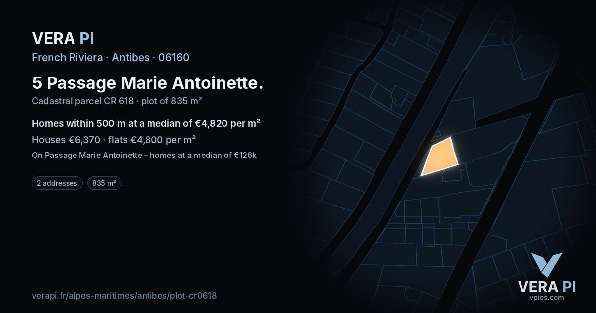 5 Passage Marie Antoinette, Antibes at night – the plot lit, the parcels around coloured by the prices near them