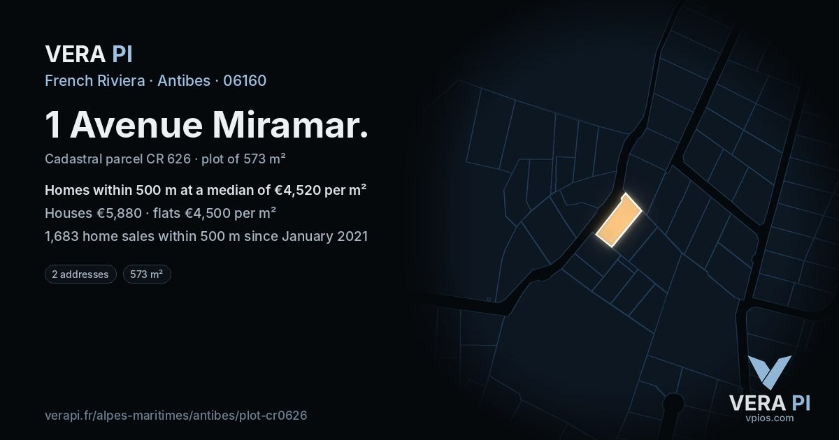 1 Avenue Miramar, Antibes at night – the plot lit, the parcels around coloured by the prices near them